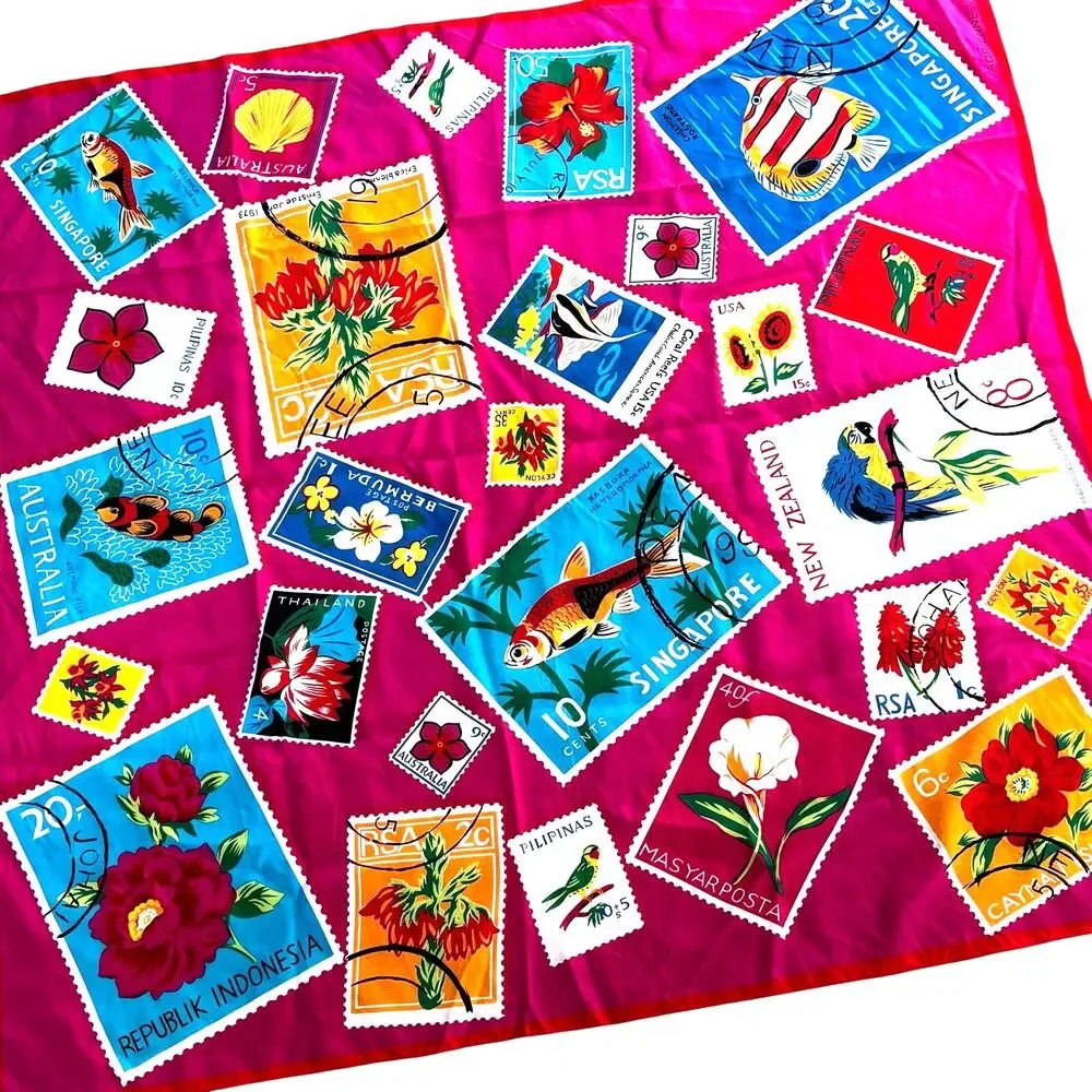 Vintage Adrienne Vittadini silk scarf square pink & colorful stamps travel theme